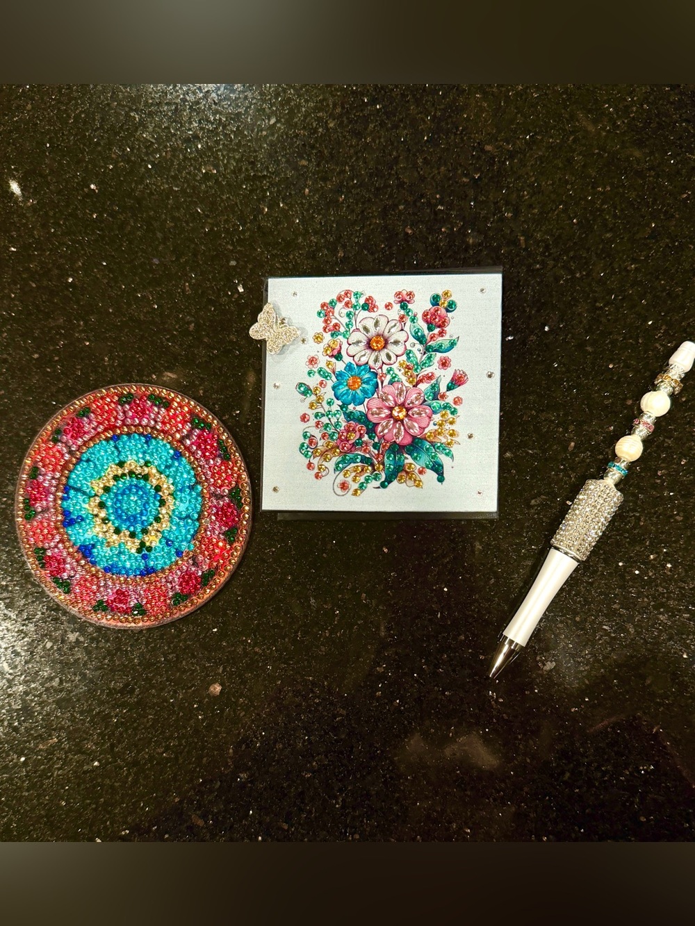 Sparkly Floral Desk Set - Crystal Accented Note Holder with Coaster & Bling Pen - Picture 5 of 10
